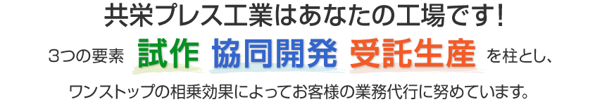 共栄プレス工業では、3つの要素「試作・協同開発・受託生産」を柱とし、ワンストップの相乗効果によってお客様の業務代行に努めています。