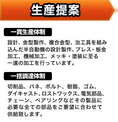 「生産提案力」一貫生産体制：設計、金型製作、複合金型、治工具を組み込んだ半自動機の設計製作、プレス・板金加工、機械加工、メッキ・塗装に至る一連の加工を行っています。