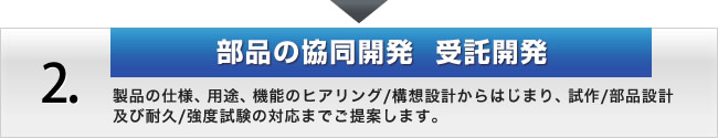 2.「部品の協同開発 受託開発」製品の仕様、用途、機能のヒアリング/構想設計からはじまり、試作/部品設計及び耐久/強度試験の対応までご提案します。